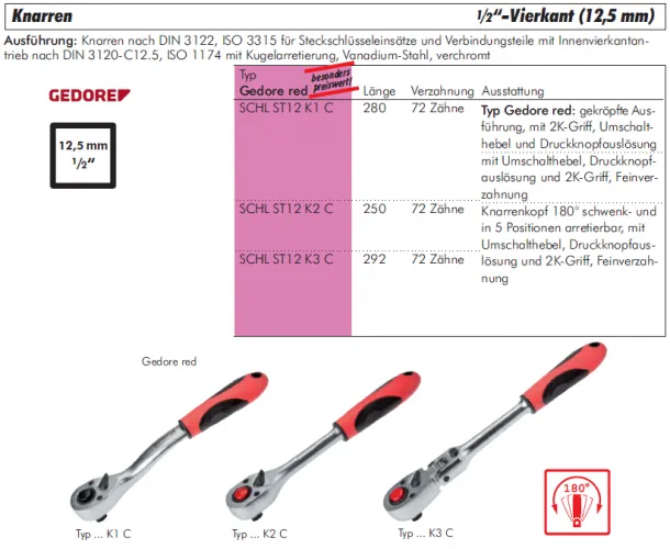 Ratschen / Knarren 1/2" Antrieb Gedore Red® – Umschaltknarren & Feinzahnknarren